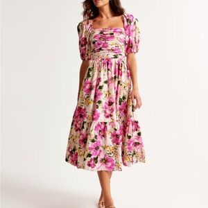 Abercrombie & Fitch A&F Emerson Linen-Blend Puff Sleeve Midi Dress